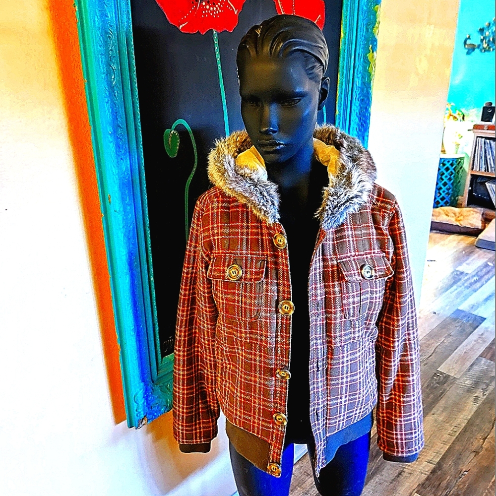 Orange & Brown Plaid Wool Co Thuat With Faux Fur Hood. 🌈